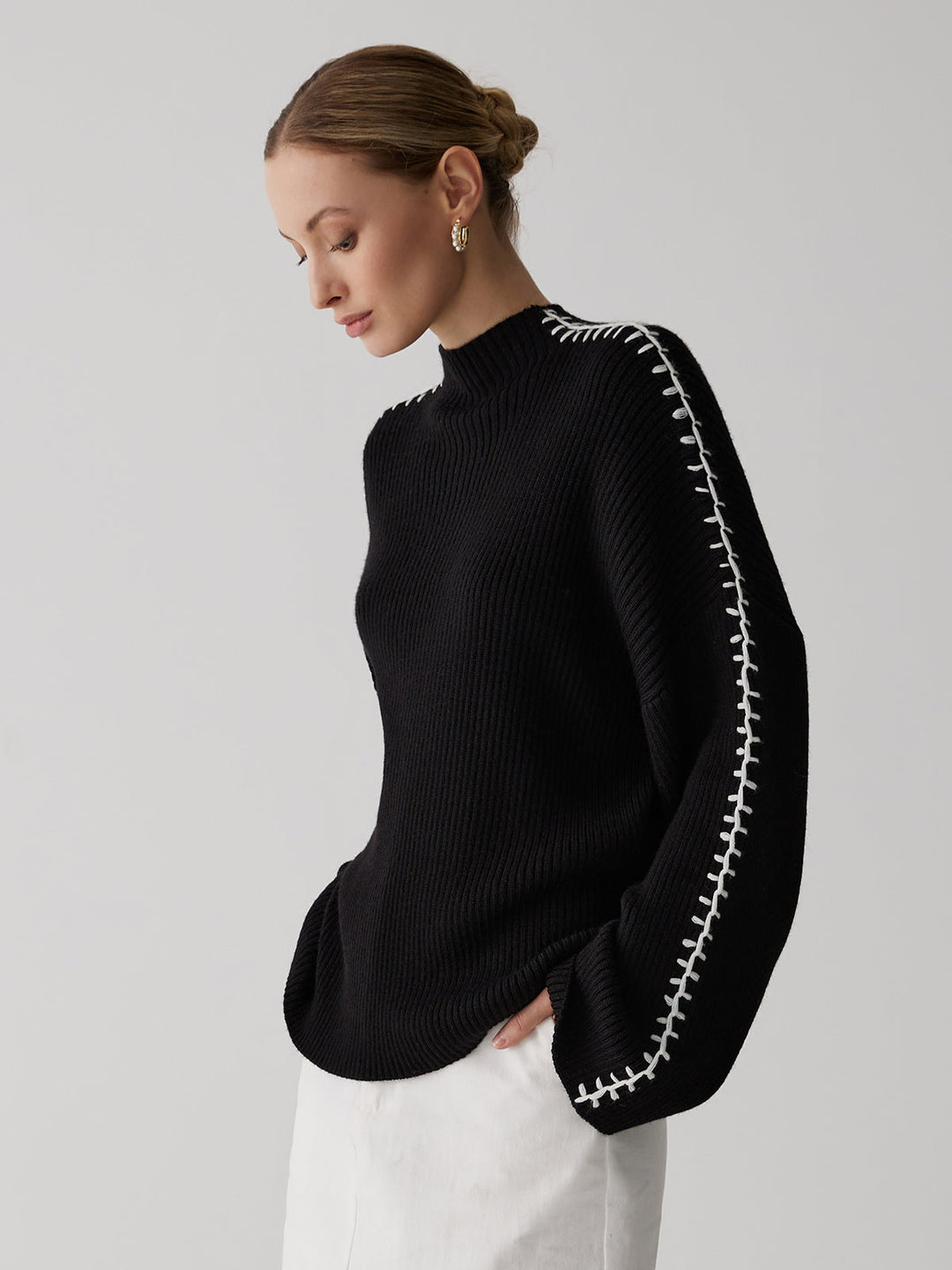 Mock Neck Graceful Contrast Knit Kazak