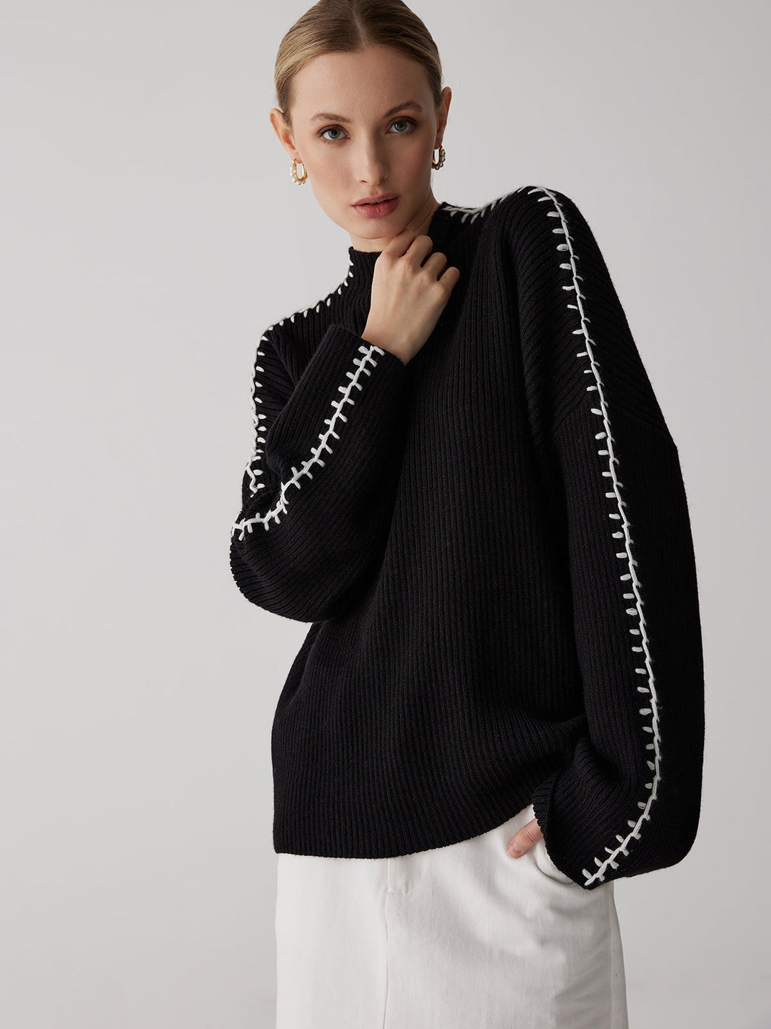 Mock Neck Graceful Contrast Knit Kazak