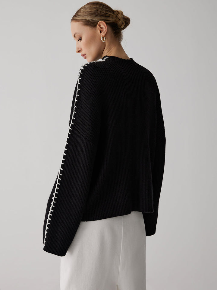 Mock Neck Graceful Contrast Knit Kazak