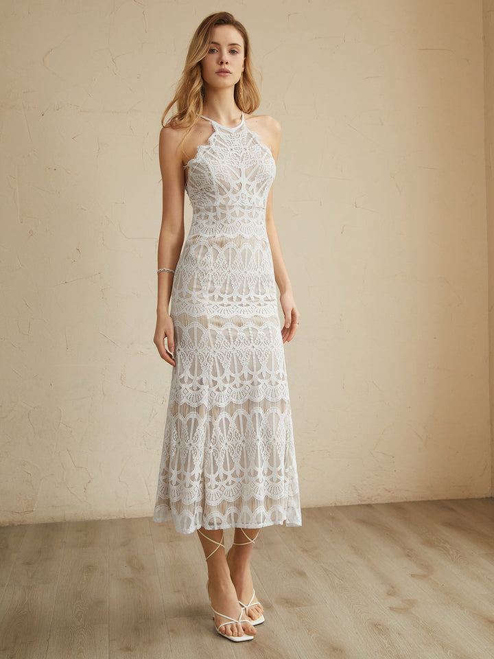 Graceful Lace Halter Midi Elbise