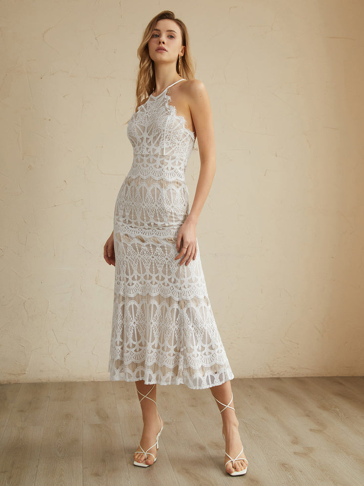 Graceful Lace Halter Midi Elbise