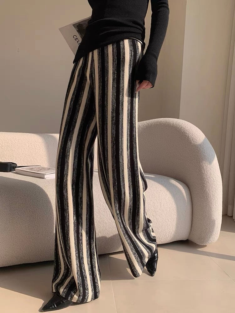 Monochrome Striped Wide-Leg Pantolon