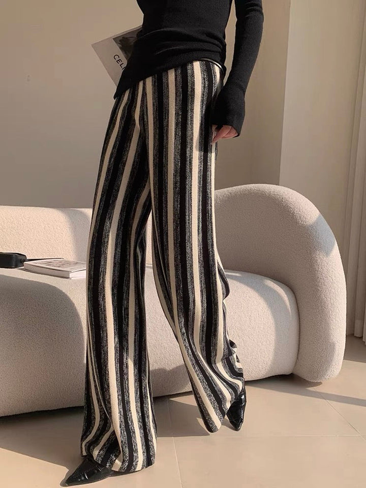 Monochrome Striped Wide-Leg Pantolon