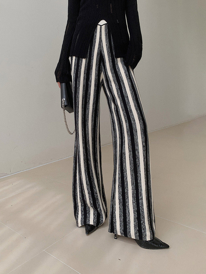 Monochrome Striped Wide-Leg Pantolon