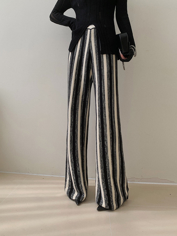 Monochrome Striped Wide-Leg Pantolon