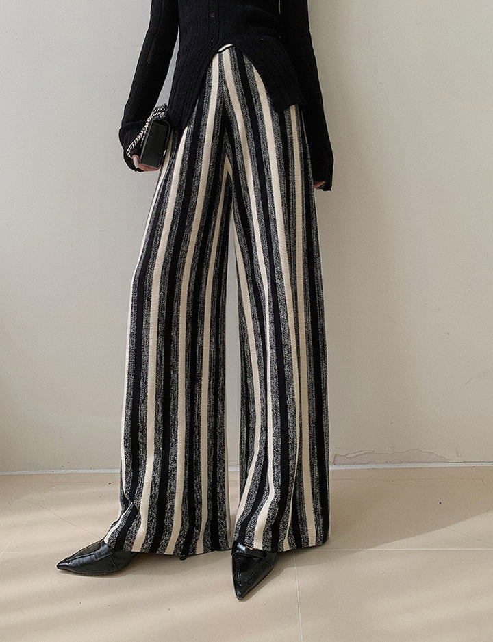 Monochrome Striped Wide-Leg Pantolon