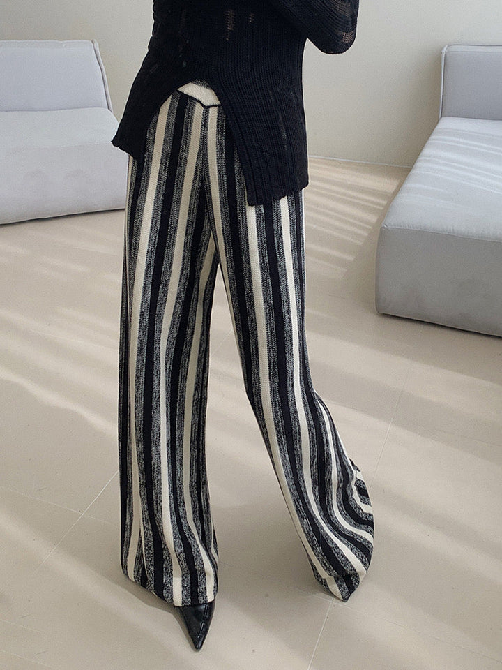 Monochrome Striped Wide-Leg Pantolon