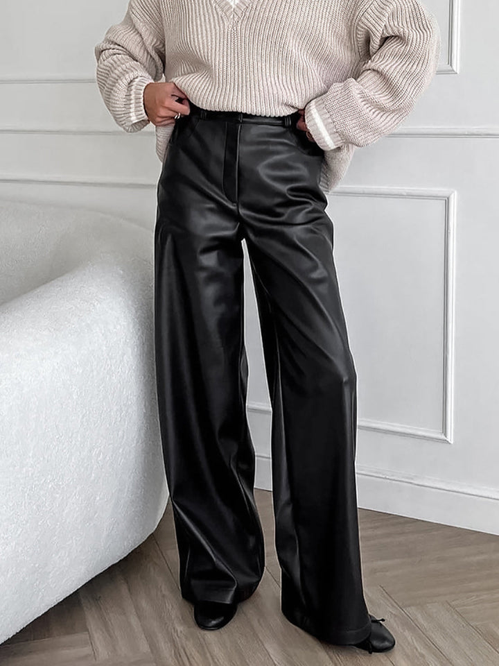 Luxe Noir Faux Leather Wide-Leg Pantolon