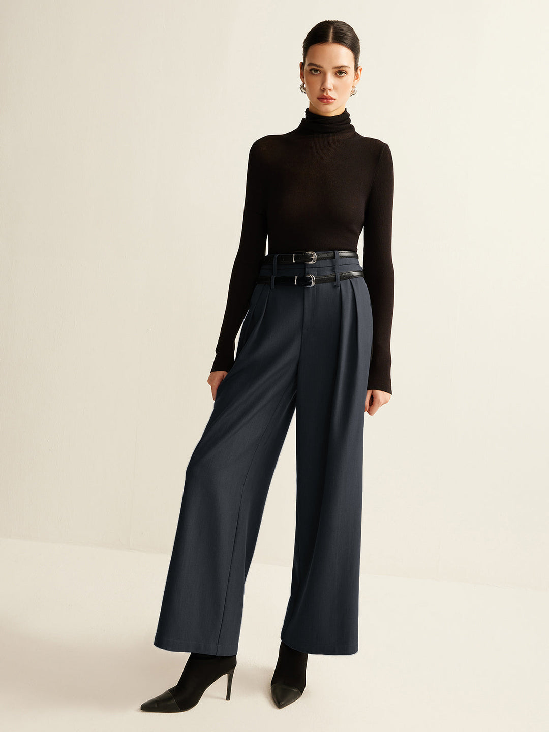 Midnight Elegance Belted Wide-Leg Pantolon