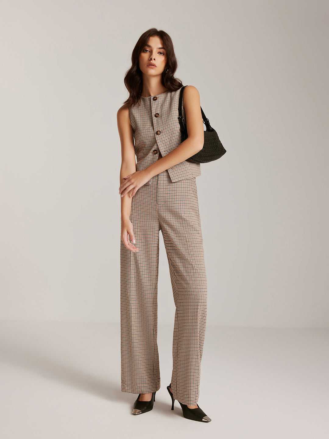 Elegant Checkered Wide-Leg Pantolon