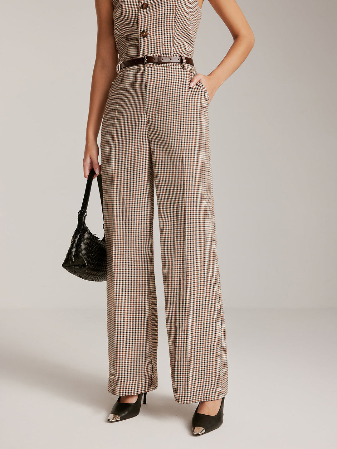 Elegant Checkered Wide-Leg Pantolon