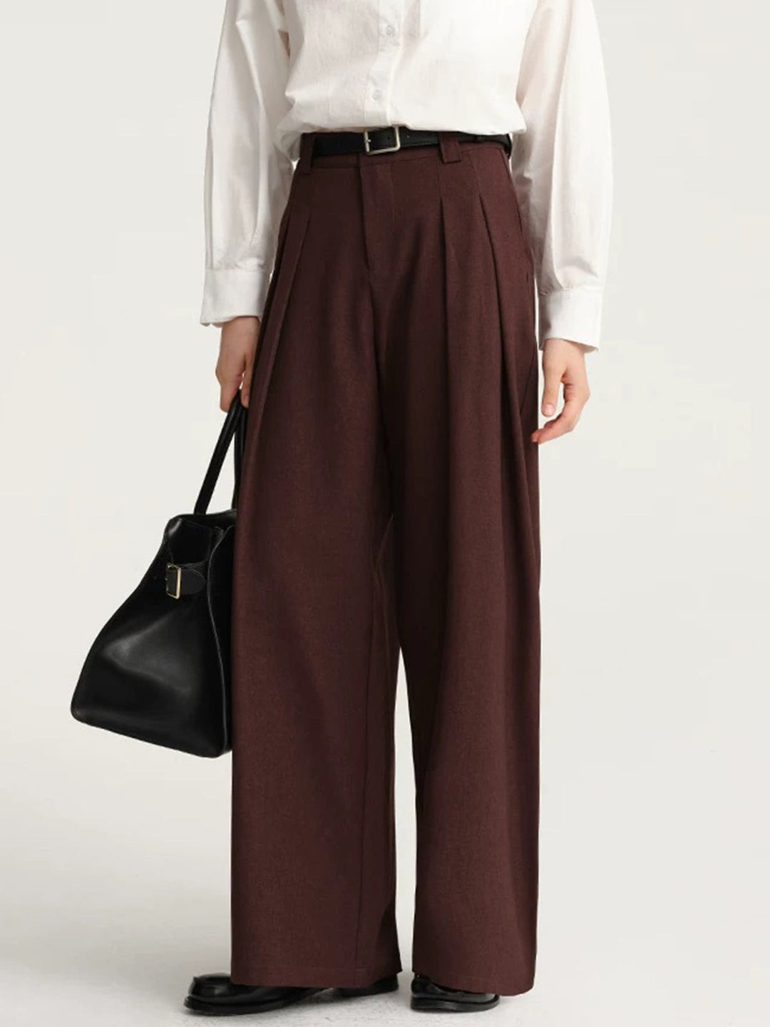 Deep Maroon Pleated Wide-Leg Pantolon