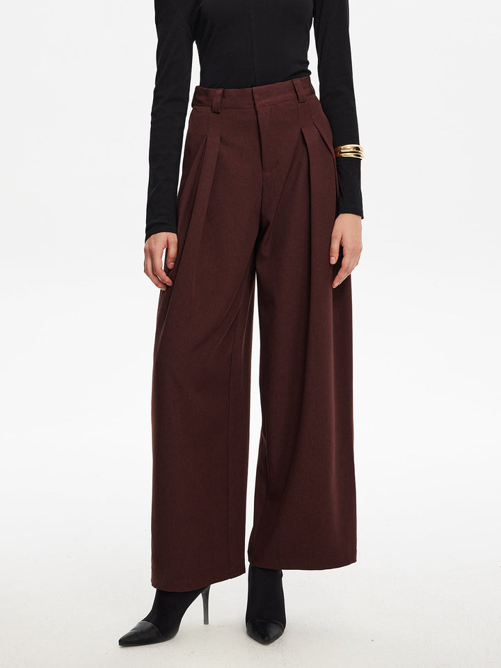 Deep Maroon Pleated Wide-Leg Pantolon