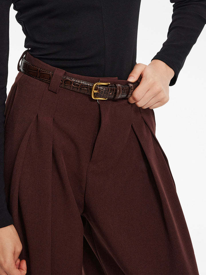 Deep Maroon Pleated Wide-Leg Pantolon