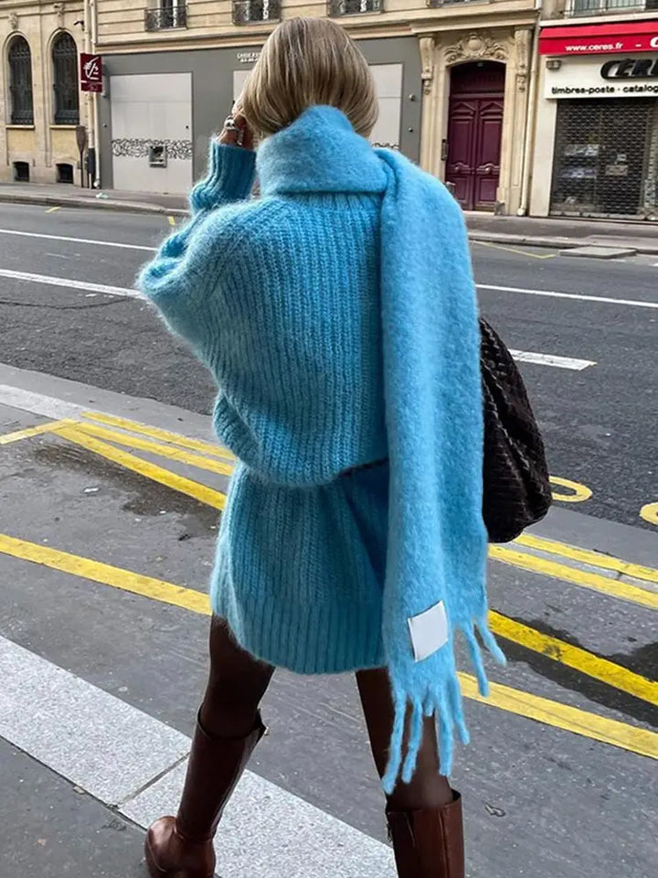 Elegant Solid Knitted Pullover With Scarf  Kazak