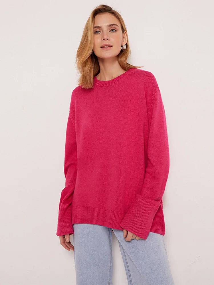 Elegant Solid Round Neck Pullover Kazak