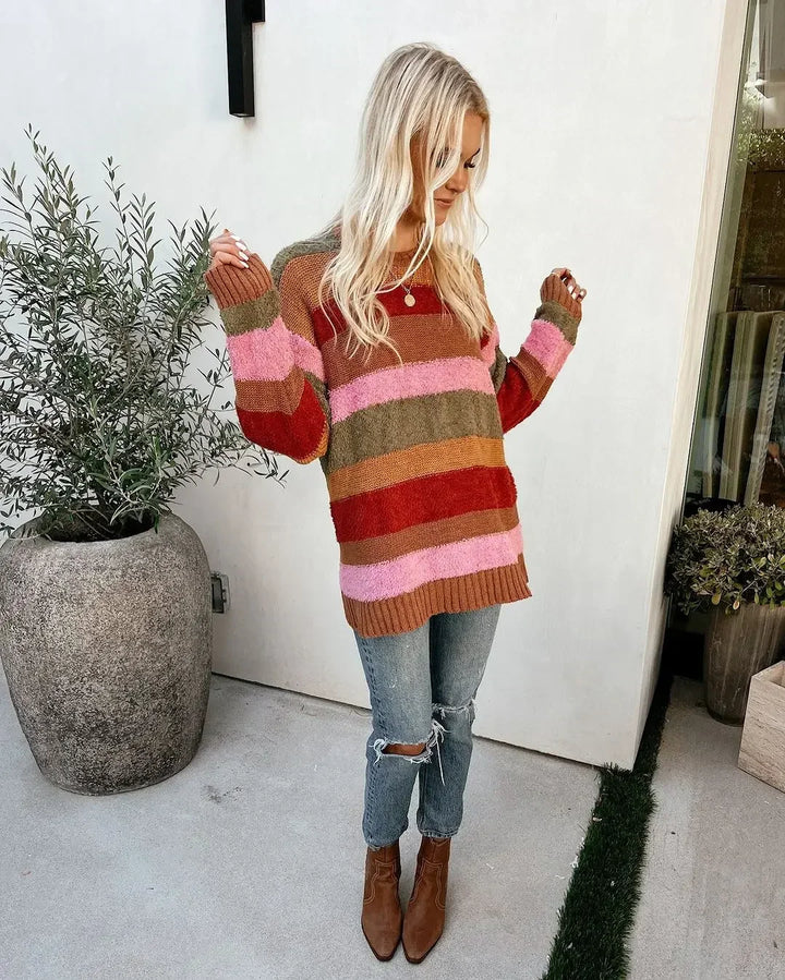 Elegant Sweet Colorful Striped Loose Knitted  Kazak