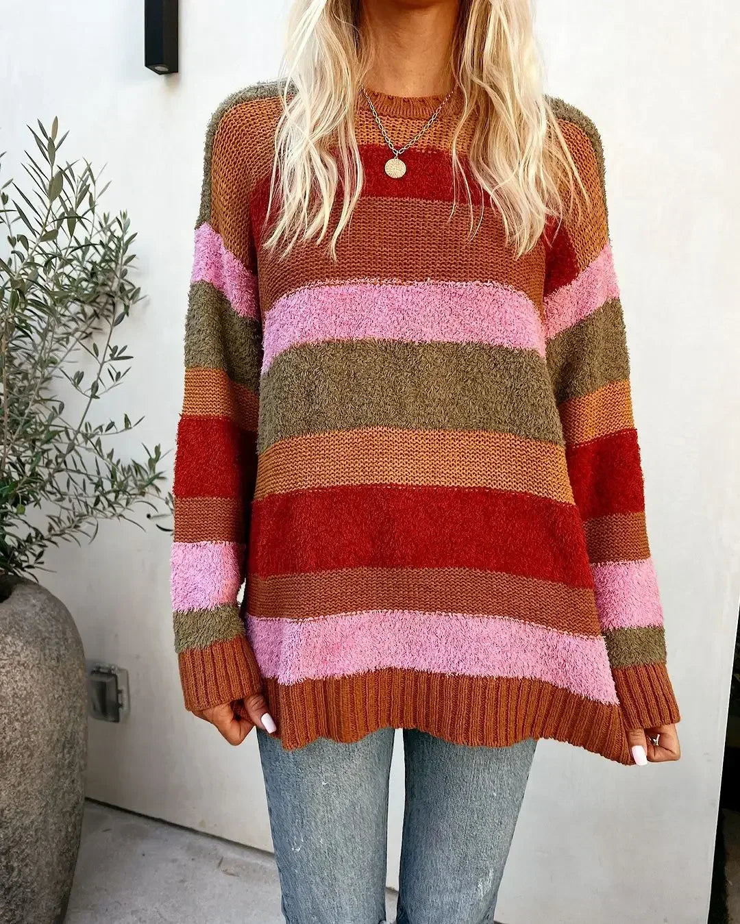 Elegant Sweet Colorful Striped Loose Knitted  Kazak