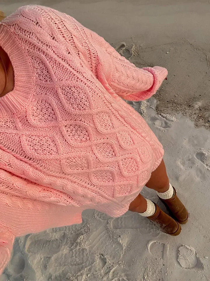 Elegant Sweet Pink Oversized Twist Knitted Kazak