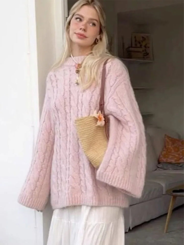 Elegant Sweet Pink Round Neck Knitted Kazak