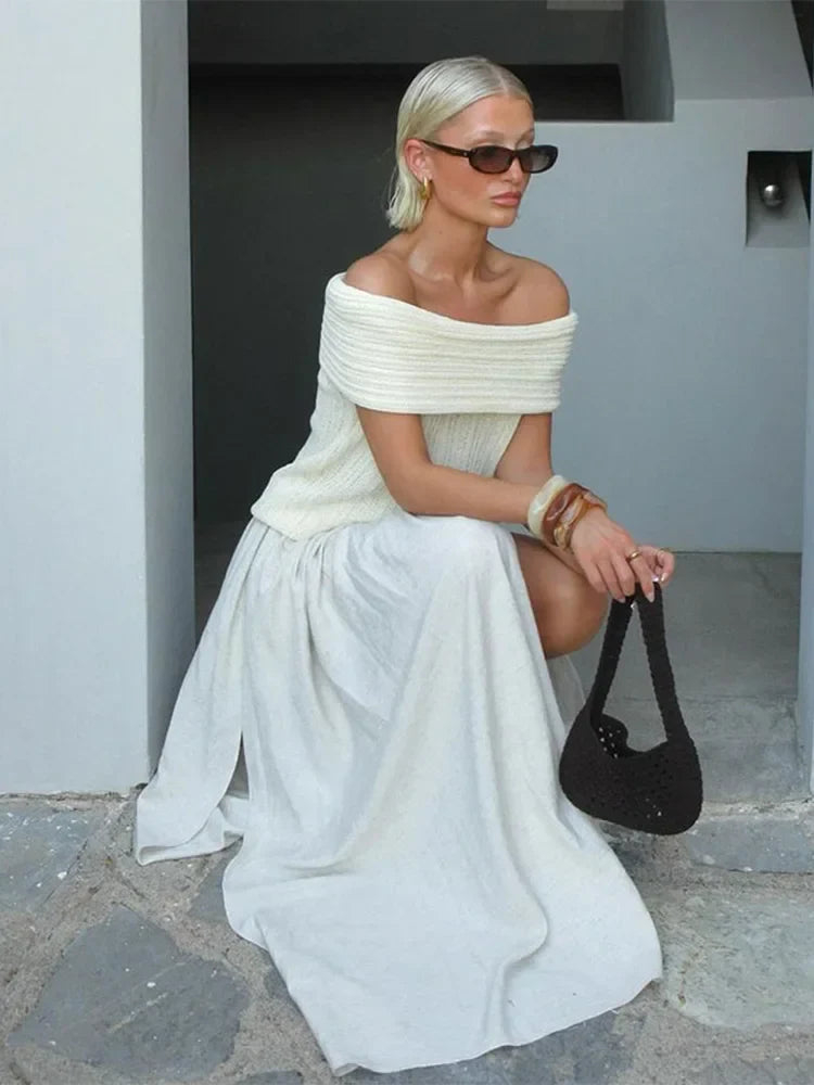 Elegant White One Shoulder Knitted Kazak