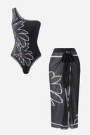Embroidered Black Swimsuit & Pareo