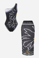 Embroidered Black Swimsuit & Pareo