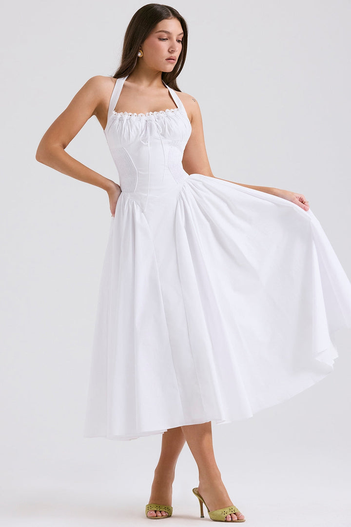 Clara Graceful White Corset Midi Elbise