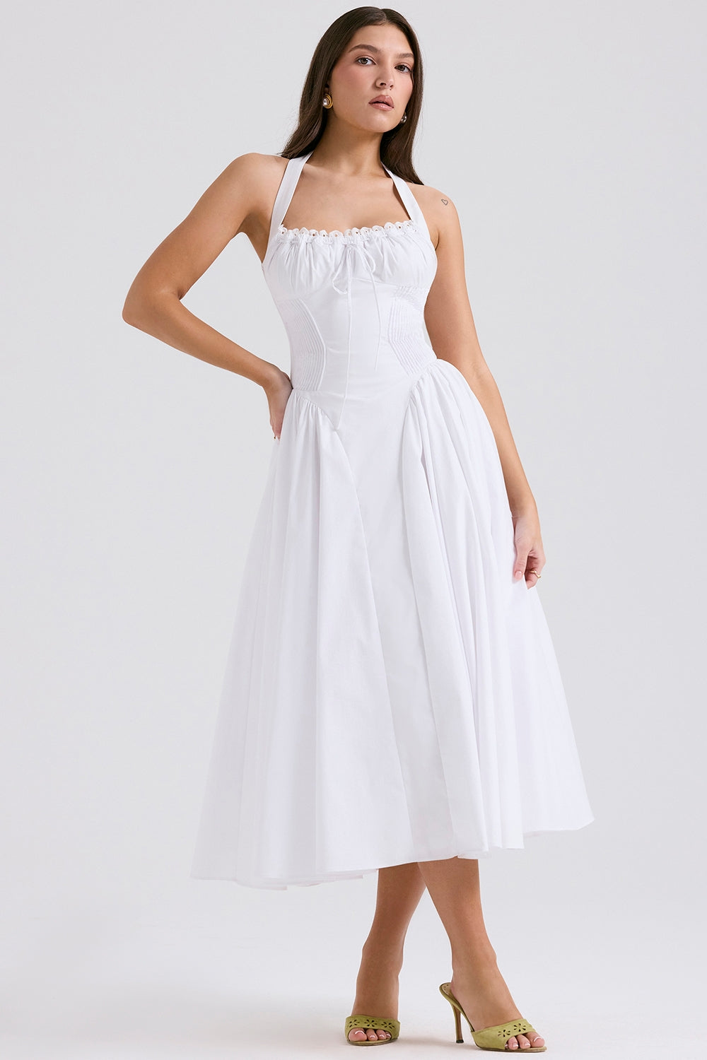 Clara Graceful White Corset Midi Elbise