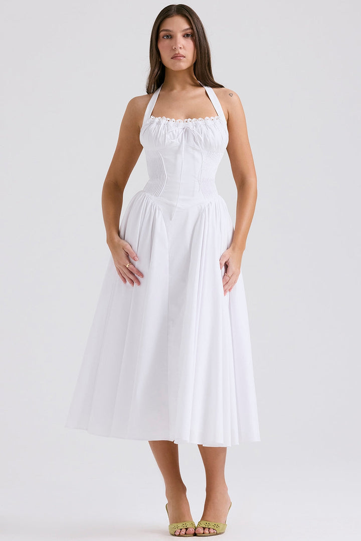 Clara Graceful White Corset Midi Elbise