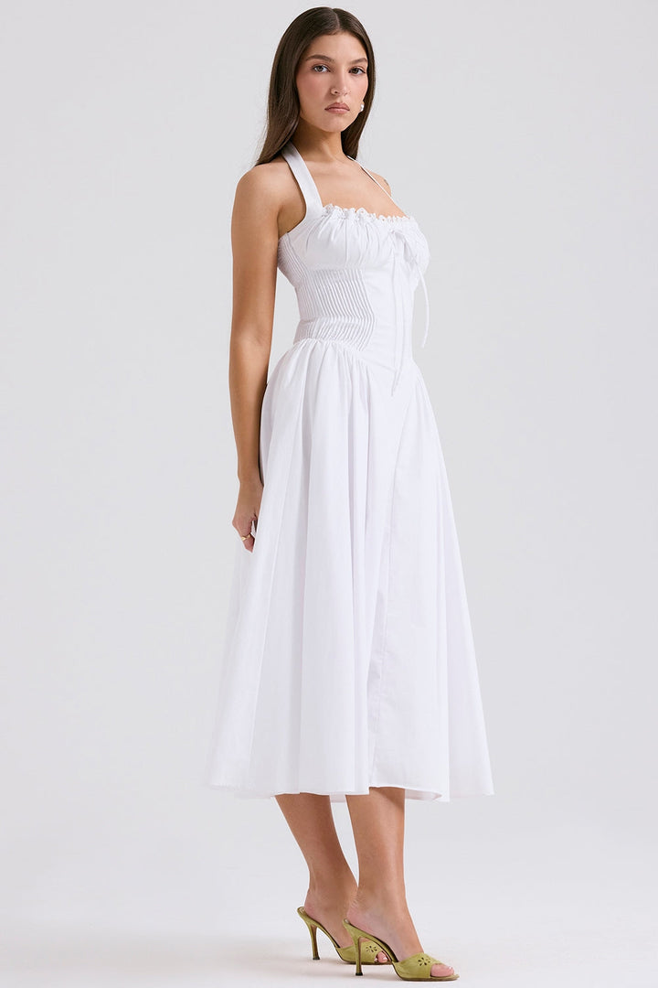 Clara Graceful White Corset Midi Elbise