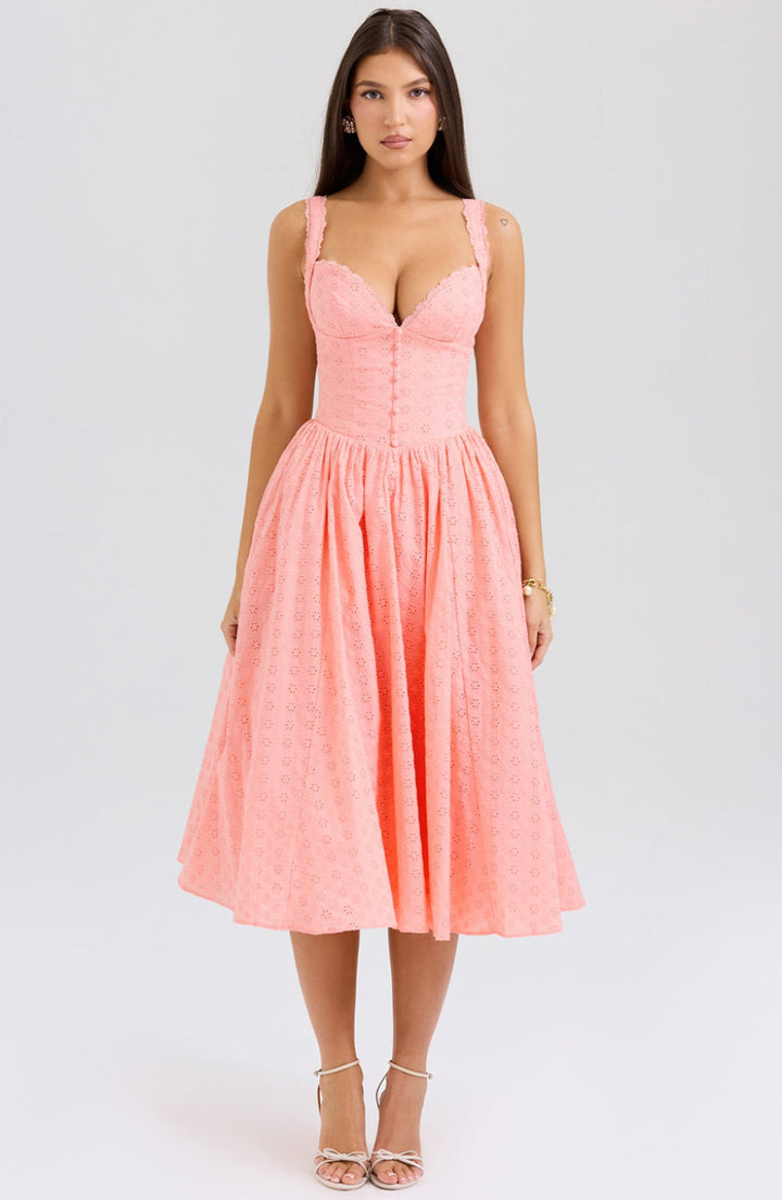 Bella Eyelet Peach Midi Elbise