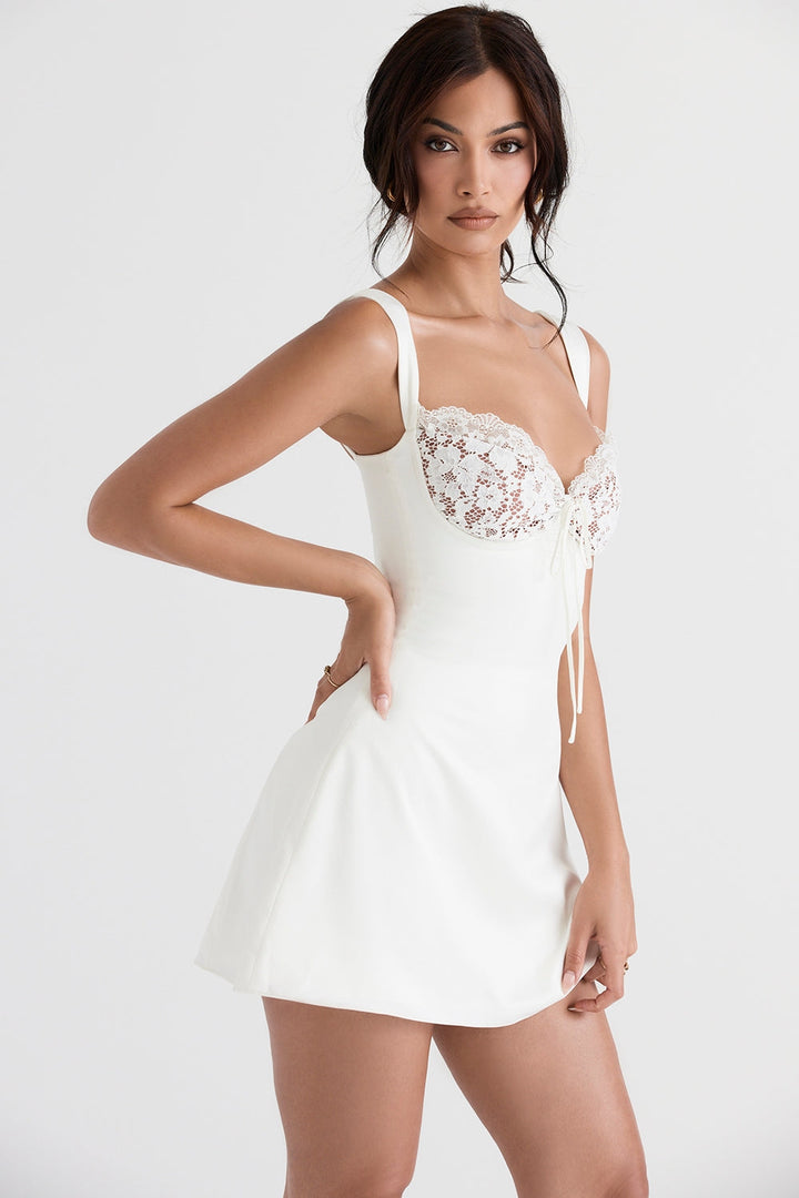 Adriana Lace Detailed Ivory Mini Elbise