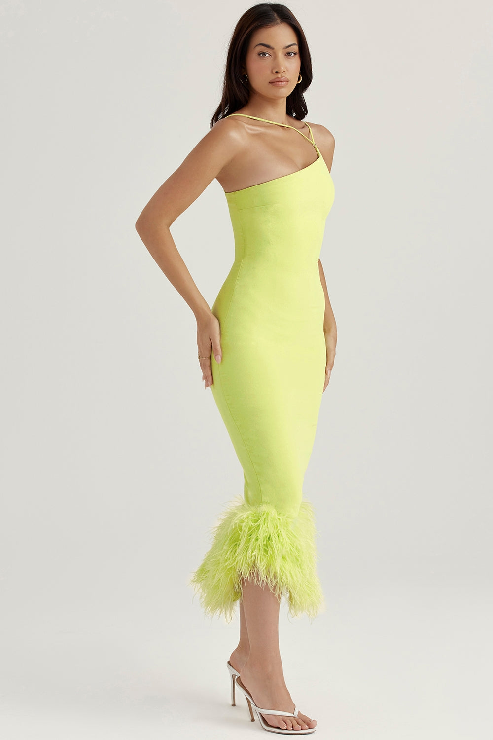 Lemon Feather Trim Midi Elbise