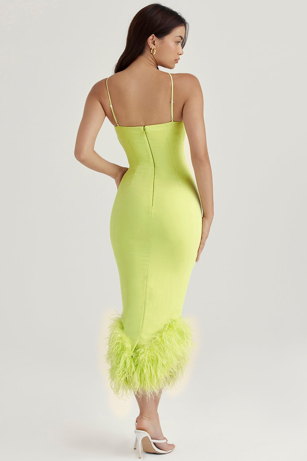 Lemon Feather Trim Midi Elbise