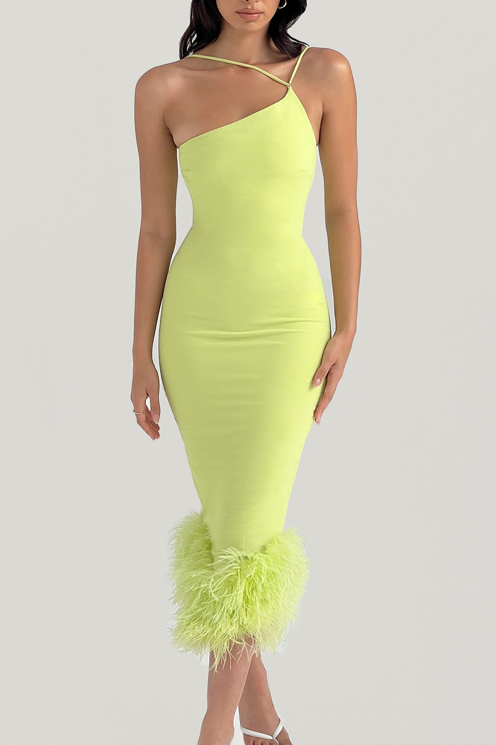 Lemon Feather Trim Midi Elbise