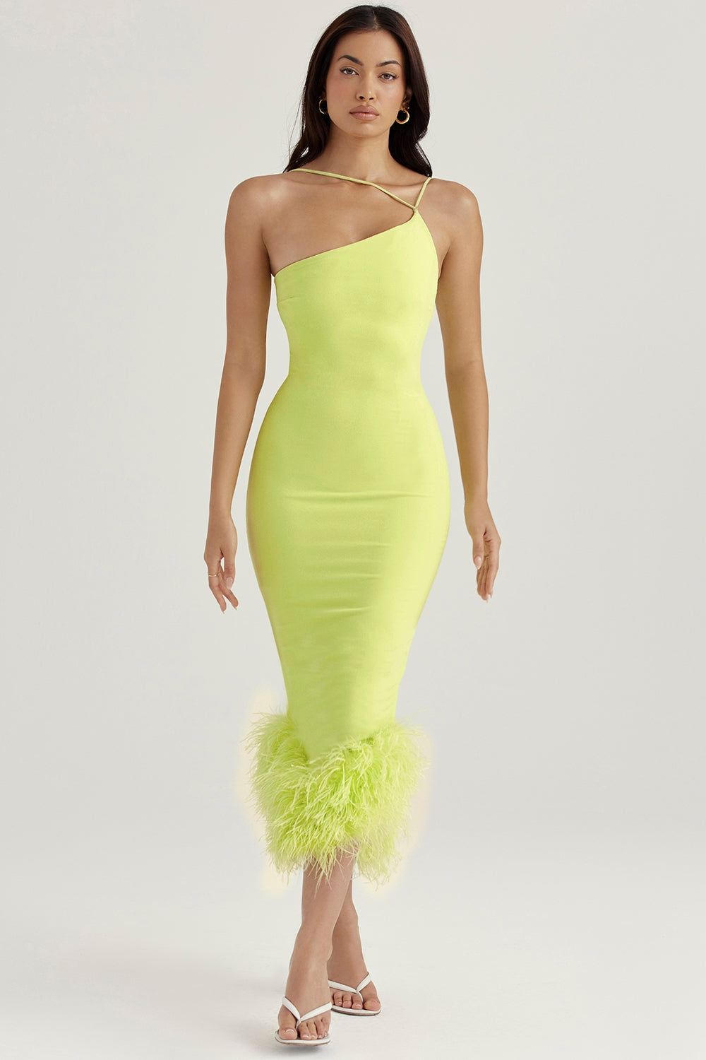 Lemon Feather Trim Midi Elbise