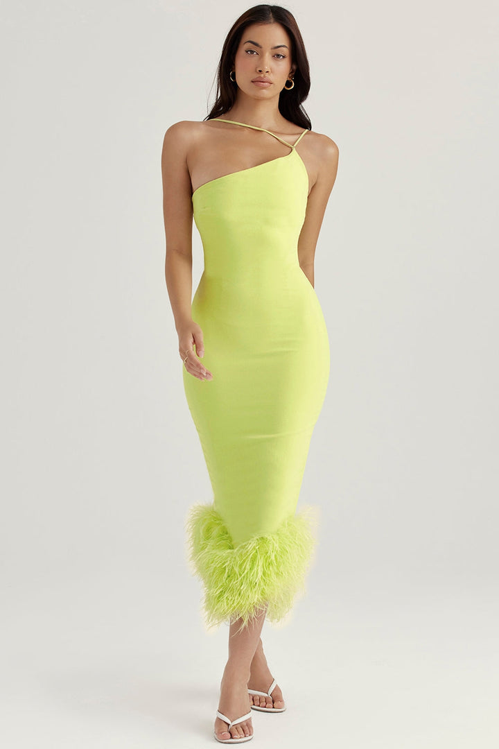 Lemon Feather Trim Midi Elbise