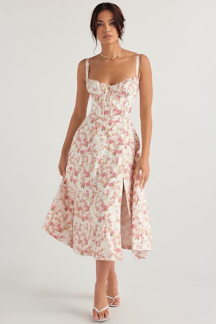 Floral Corset Midi Elbise