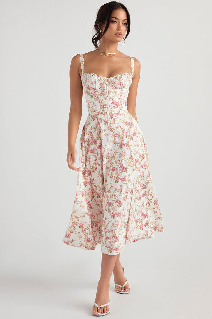 Floral Corset Midi Elbise