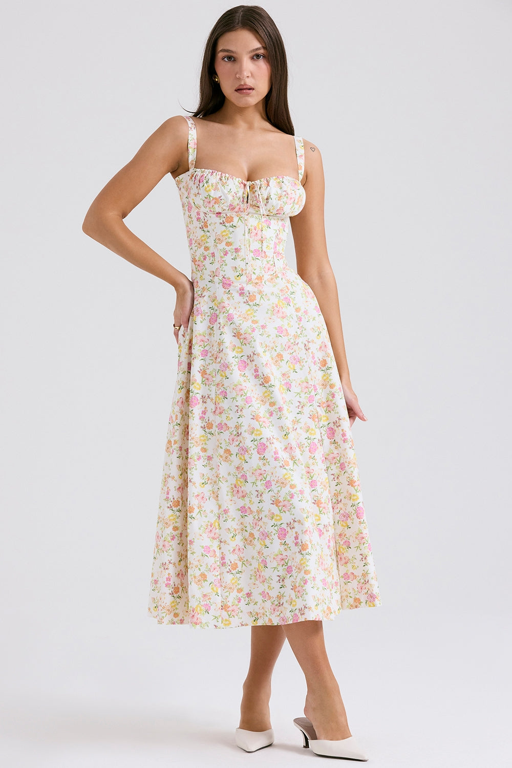 Floral Bloom Corset Midi Elbise