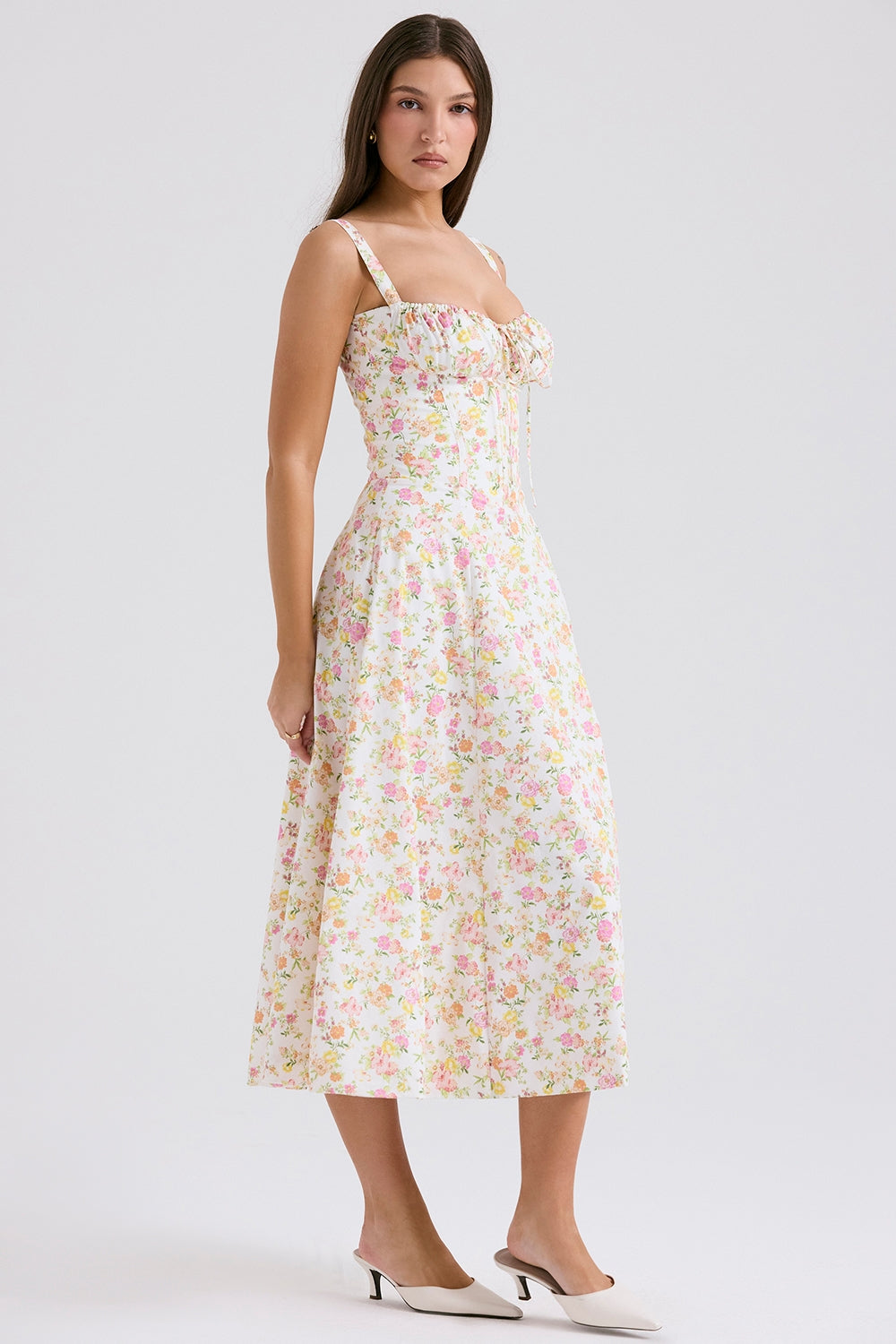 Floral Bloom Corset Midi Elbise