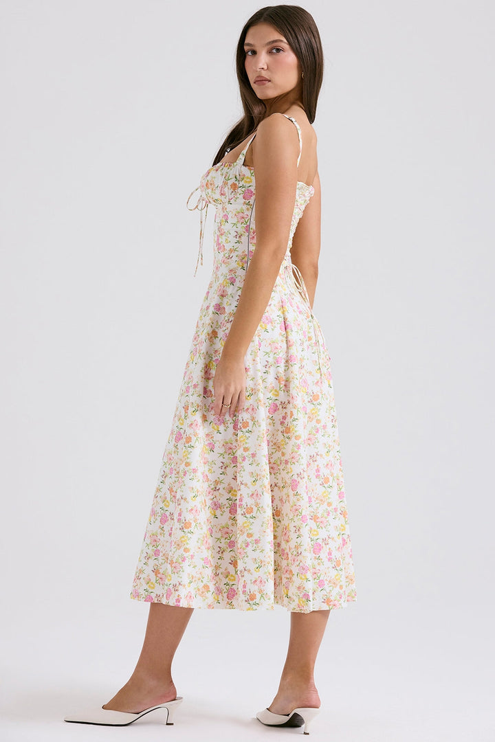 Floral Bloom Corset Midi Elbise