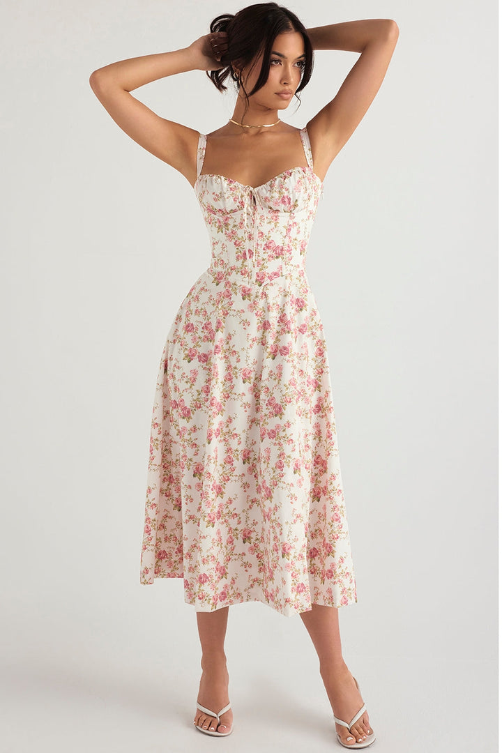 Floral Corset Midi Elbise