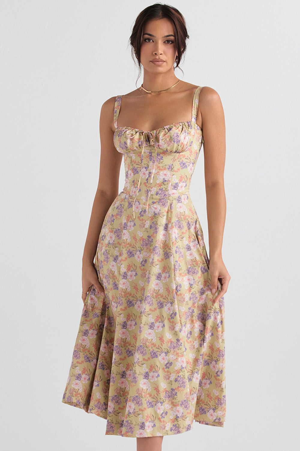 Floral Elegance Corset Midi Elbise