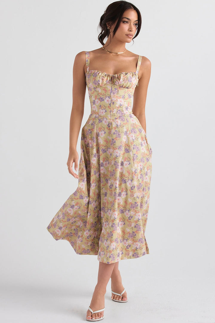 Floral Elegance Corset Midi Elbise