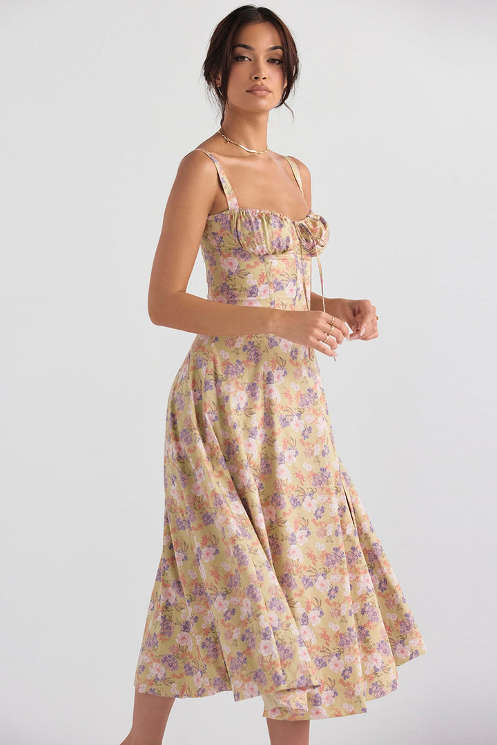 Floral Elegance Corset Midi Elbise