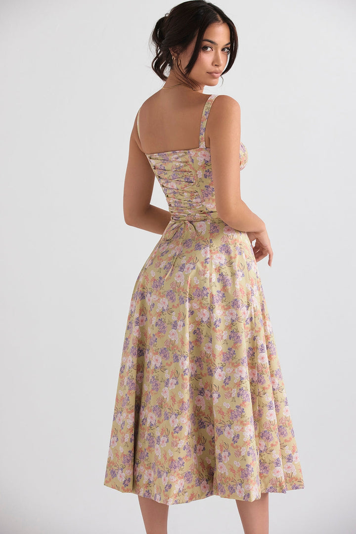 Floral Elegance Corset Midi Elbise