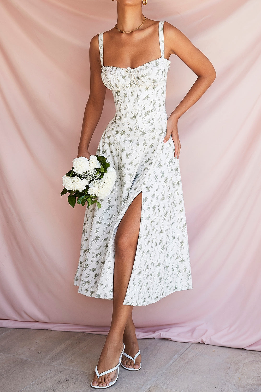 Elara Floral Corset Midi Elbise