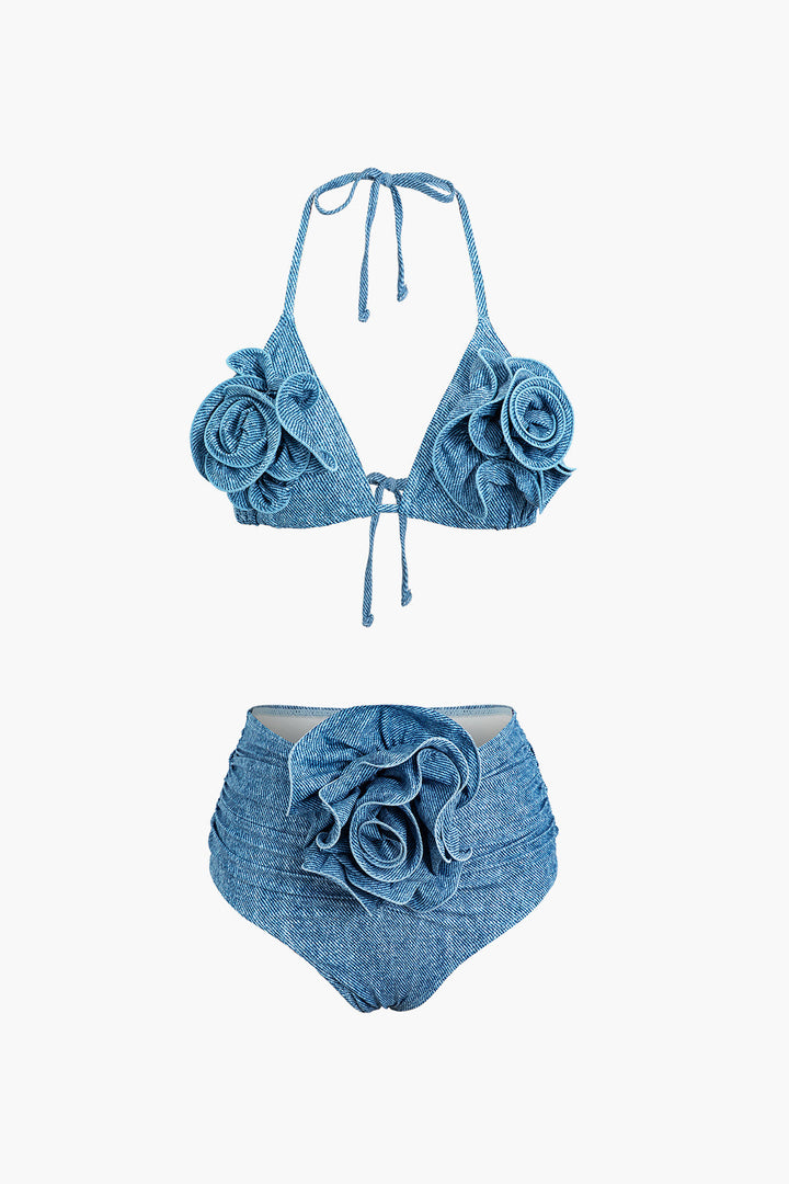 3D Çiçek Denim Halter Bikini Seti